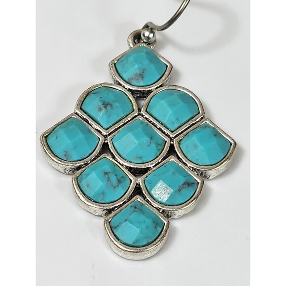 Vintage Boho Turquoise Dangle Earrings Silver Tone Geometric Drop Jewelry - Picture 4 of 9